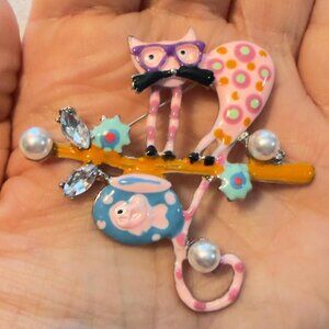 Whimsical Cat Brooch Enamel Animal Statement Pin – 2.25” Wide